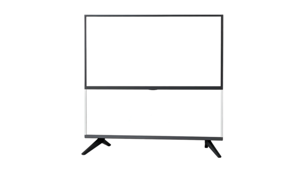 Flat panel screen divided horizontally, with blank upper and lower display sections, dark legs