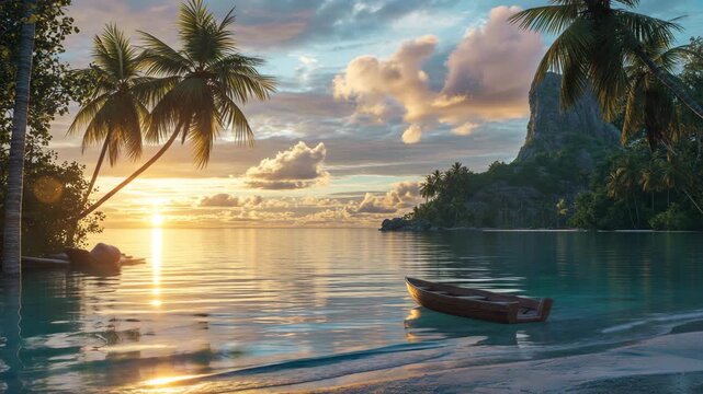 Peaceful tropical island sunset with glowing orange sky, calm sea waves, palm trees, golden reflections on water, cinematic paradise landscape, relaxing ocean view, nature travel background, 4K HDR
