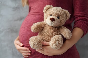 Pregnant belly holding soft teddy bear toy awaiting new life.
