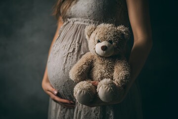 Pregnant belly holding teddy bear soft fur gentle touch waiting for baby growth