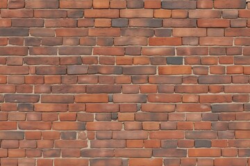 Close up of a red brick wall with a traditional running bond pattern and visible mortar joints between the bricks