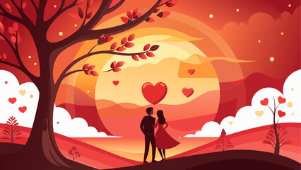 Couple silhouette with hearts and sunset on transparent background