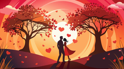 Couple silhouette under heart filled sky on transparent background
