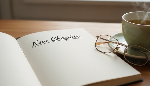 New chapter written in a journal with a hot cup of tea and reading glasses. Life transition concept for menopause, retirement, or new beginnings. Blank page with copy space