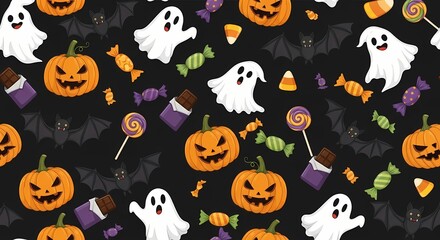 Halloween Pattern Set: Pumpkins, Ghosts, Candy, and Bats in a Seamless Design, Perfect for Festive Digital Backgrounds and Seasonal Graphics