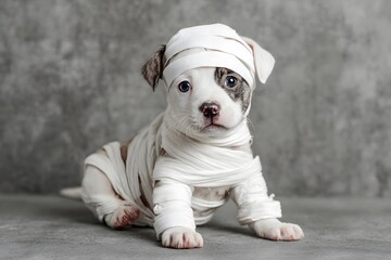 Puppy dressed as mummy sits for Halloween.