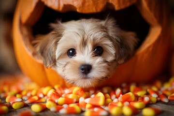 Halloween puppy peeking from a pumpkin surrounded by candy corn.