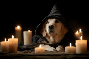 A dog in a wizard costume sits among lit candles for Halloween.