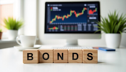 Bonds investment analysis with digital chart display and wooden lettering in white office wish copy space,