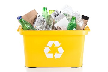 Yellow bin holds recycling bottles and paper.