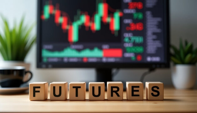 Futures market investment analysis with trading chart on monitor and alphabet blocks - stock market insight wish copy space,