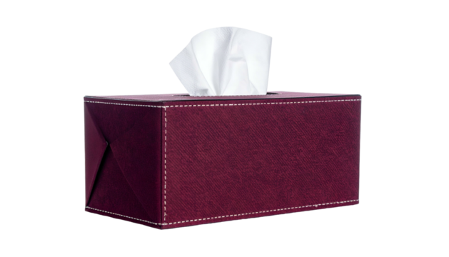 A maroon rectangular tissue box with a white tissue pull, isolated against a black background