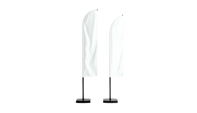 Two blank white feather flags stand tall on black bases, isolated on black background