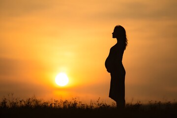 Pregnant woman stands in a field during sunset with warm orange sky.