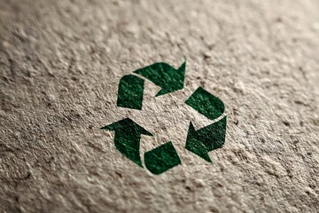 Green recycle symbol on rough textured paper surface shows continuous cycle.
