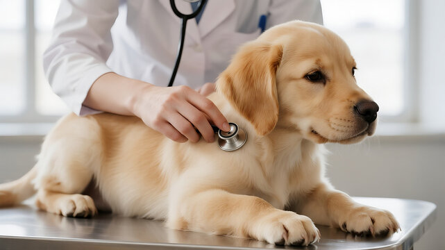 A kind female veterinarian's hands using a stethoscope to check a calm golden retriever puppy on a clean examination table
