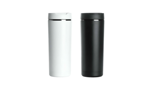 Two sleek, cylindrical vacuum flasks, one white and one black, isolated against a black background