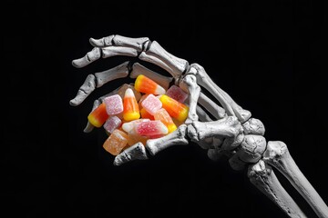 Skeleton hand holds Halloween candy with orange yellow and pink colors.