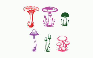 Collection of colorful hand drawn mushrooms and plants isolated on white background