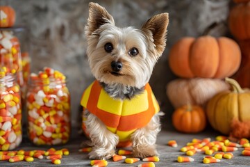 A small dog dressed for Halloween sits among candy corn and pumpkins.