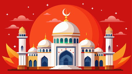 Illustration of a mosque with red background on transparent background