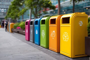 Colorful bins stand in a row, ready to recycle waste.