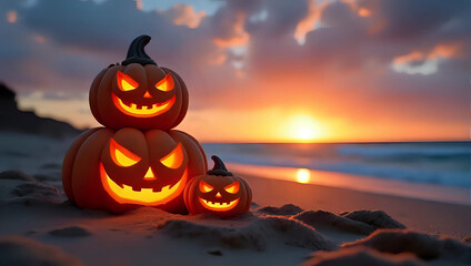 Stack of spooky glowing carved jack-o-lantern pumpkins on sandy beach, ocean waves, beautiful sunset sky, copy space - tropical Halloween decoration, festive holiday celebration, autumn fall season