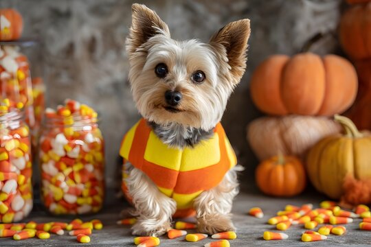 A small dog dressed for Halloween sits among candy corn and pumpkins.