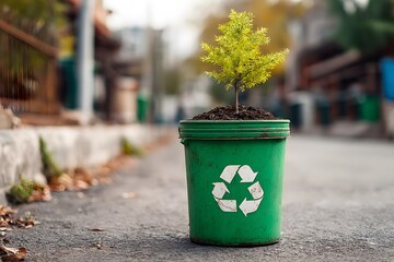 A small tree grows from a green recycle bin on a street.