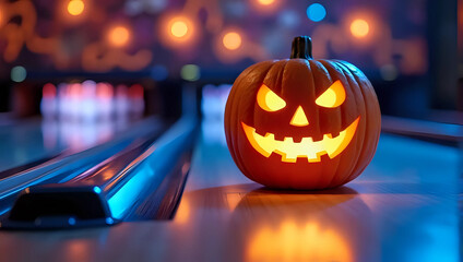 A spooky glowing carved jack-o-lantern pumpkin on bowling alley - Halloween sport, game, fun, decoration, festive holiday celebration, autumn fall season concept 