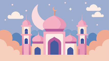 Pink mosque under crescent moon and stars on transparent background