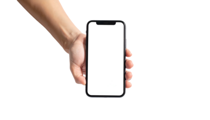 A hand holds a smartphone with a blank white screen, isolated on black