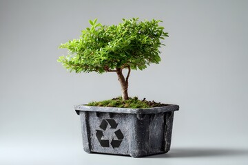 A green plant grows in a pot that shows a recycle symbol.