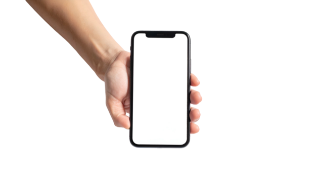 A hand holds a smartphone with a blank white screen, isolated on black