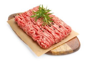 Raw minced meat with peppercorns and rosemary isolated on white