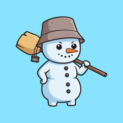 Cute Snowman Character with Bucket Hat and Broom on Blue Background.
