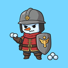 Cute Snowman Warrior with Shield and Snowballs on a Blue Background.