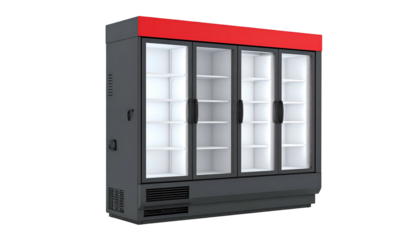 A commercial cooler with four glass doors and interior shelves against a dark background