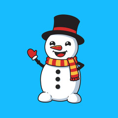 Cute Snowman Waving Hello with Top Hat and Scarf on Blue Background.