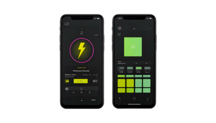 Two phones display app interfaces on a dark background. Left shows a bolt, right a grid