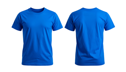 A front and back view of a vibrant blue short-sleeved crew neck shirt, isolated on black