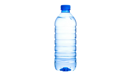Clear plastic bottle filled with water against a black background, showing details