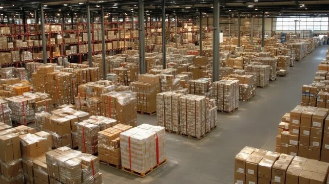 Large warehouse filled with stacked boxes during the day
