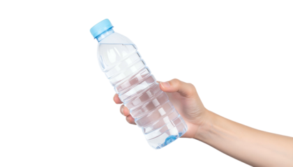 Hand holding a plastic water bottle with a blue cap against a black background
