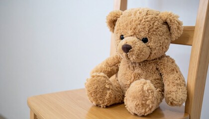 Obraz premium Cute Brown Teddy Bear Plush Toy Sitting on Wooden Chair for Premium Toy Object and Childhood Concept
