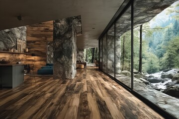 Fototapeta premium Large, open room with a fireplace and a view of a river. The room is filled with natural light and has a modern