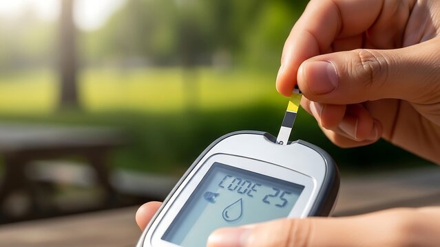 Photorealistic glucose strip inserted into portable blood sugar meter in natural daylight