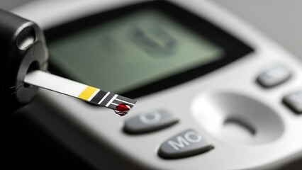 Macro Shot of Glucose Test Strip Inserted into Portable Glucometer with Cinematic Depth