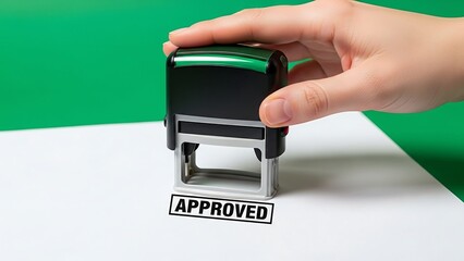 Photorealistic Hand Pressing Modern Self-Inking Stamp on White Sheet Isolated on Green Screen Background