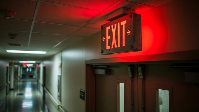 Photorealistic glowing EXIT sign above hospital corridor door — cinematic emergency signage ideal for safety campaign, healthcare advertising, and architectural visualization